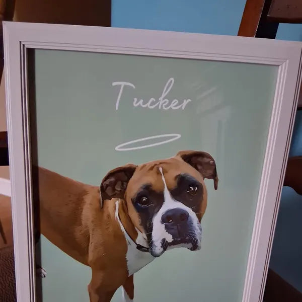 Watercolor pet portrait in a home